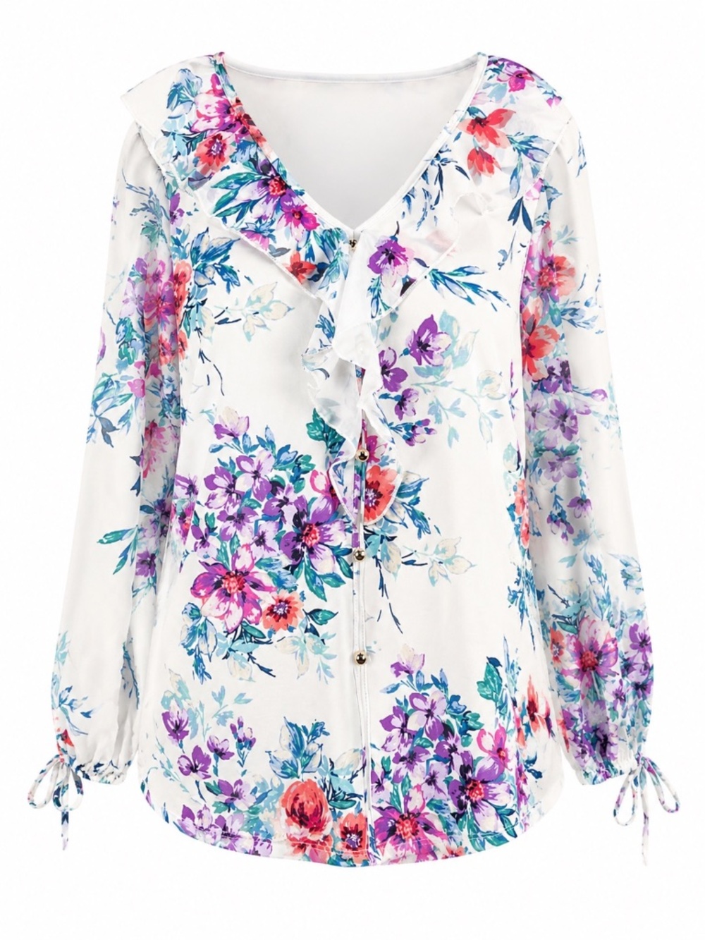 Perception Concept Floral Ruffle Blouse Medium White Pink Purple Tie Sleeve